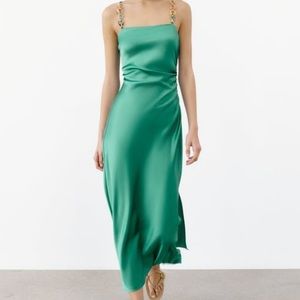 ZARA | Satin Chain Strap Midi Dress | Sea Green | NWT